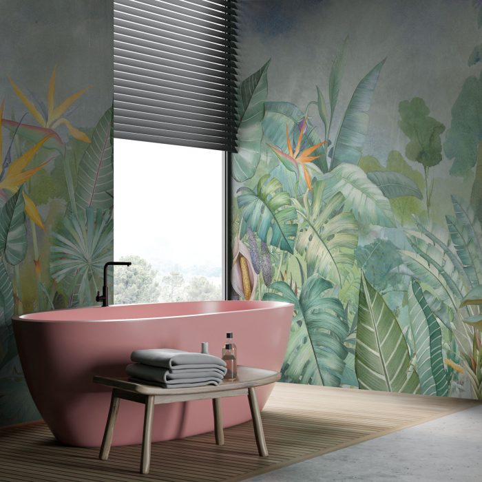 Corner of modern loft bathroom with green walls, wooden floor, comfortable pink bathtub and black shelves with towels and beauty products. Window with blurry nice view. 3d rendering